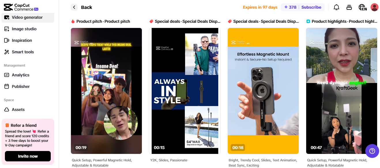 Pippit interface showcasing AI-generated eCommerce video ads and automated video editing tools.